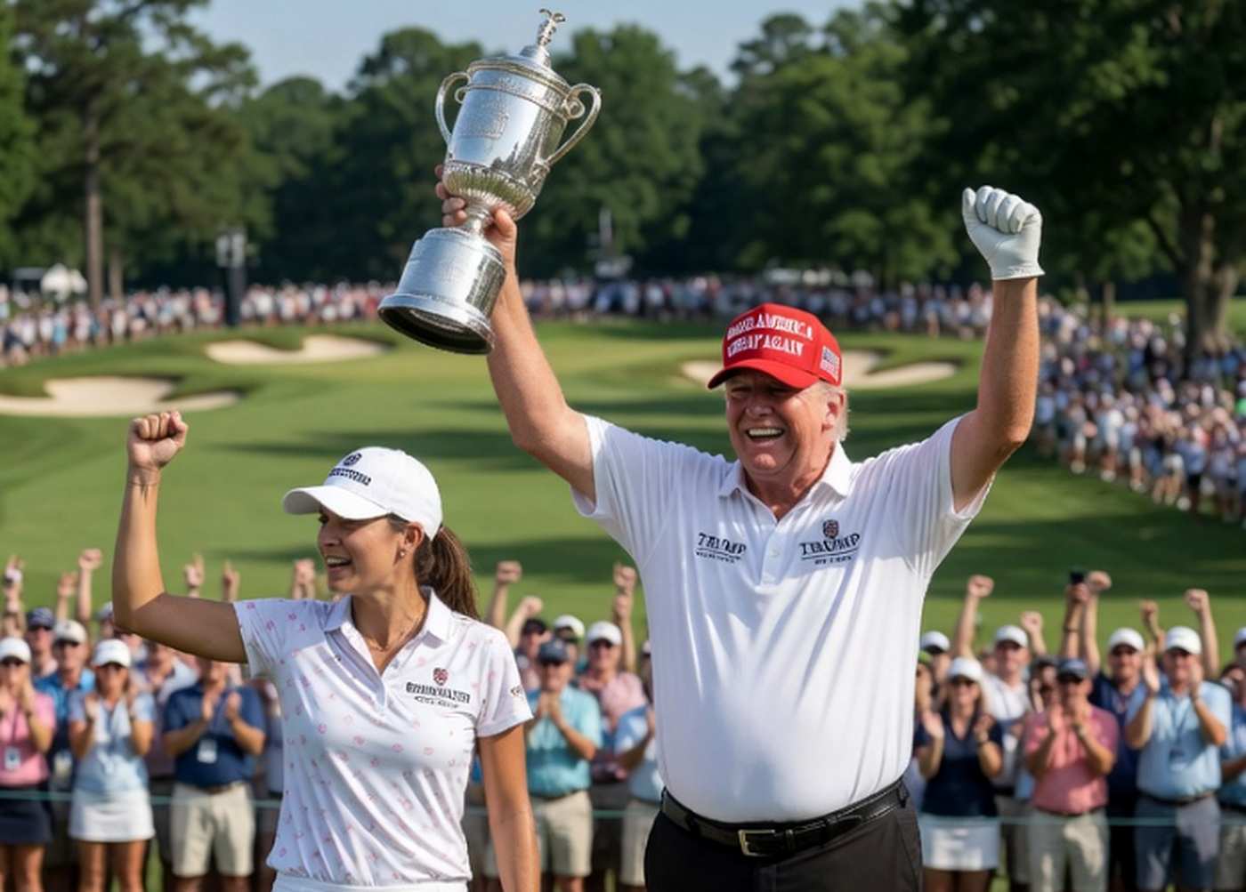 Trump celebrates golf win with trophy and female golfer