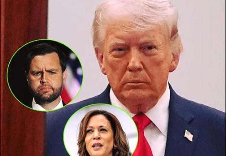 donald Trump in navy suit with red tie, flanked by circular inset portraits of J.D. Vance