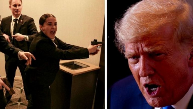 security personnel react during a tense moment with Trump present