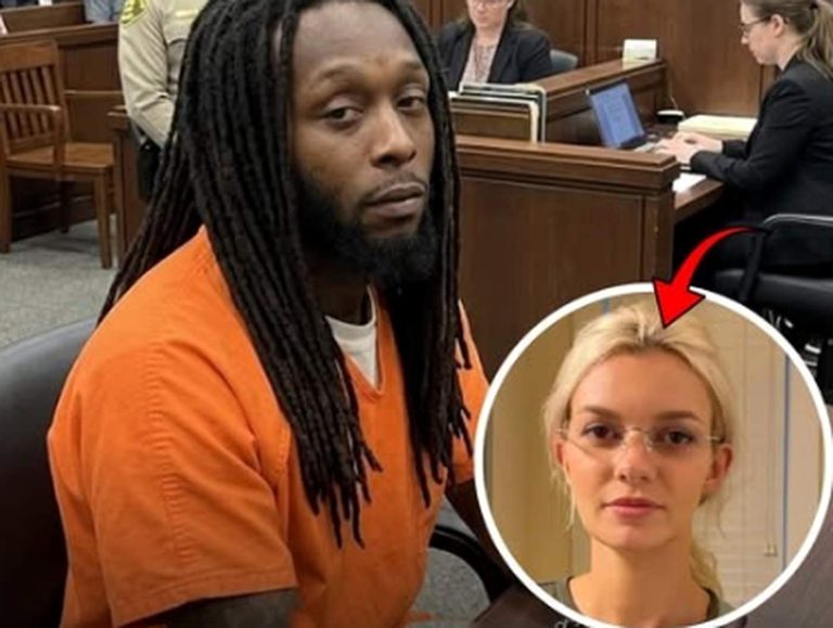 man with long dreadlocks in orange prison jumpsuit seated in courtroom, with inset