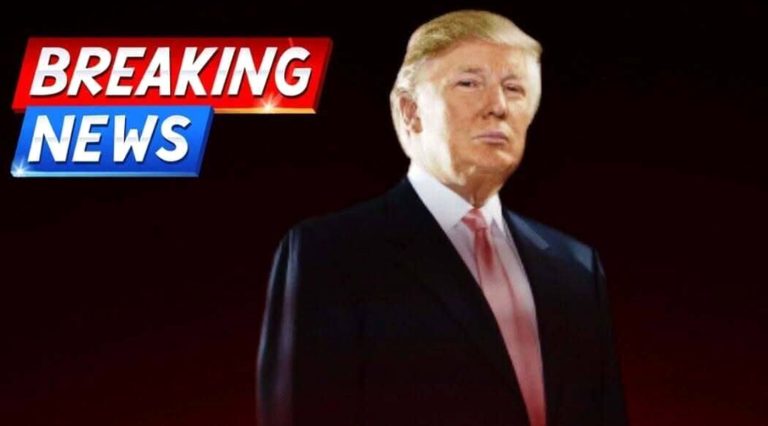 donald Trump in dark suit and pink tie beside red and blue Breaking News graphic