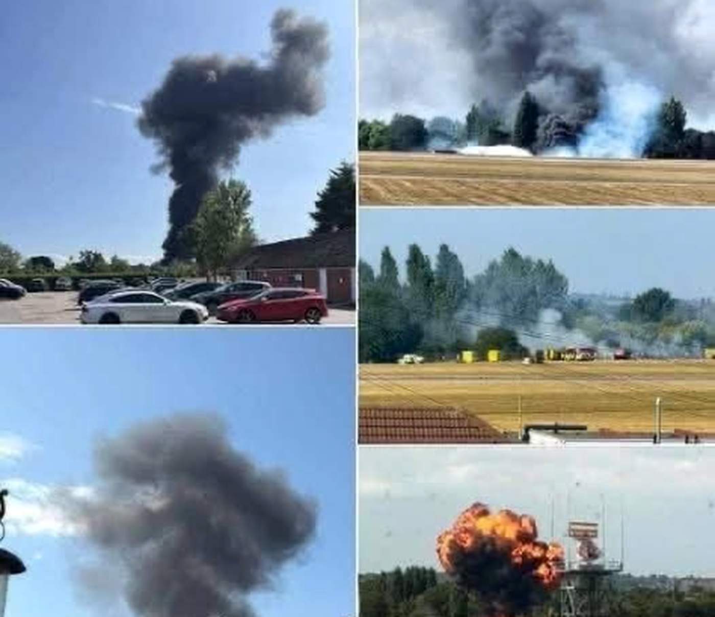 massive black smoke plumes rising from industrial fire visible across multiple vantage