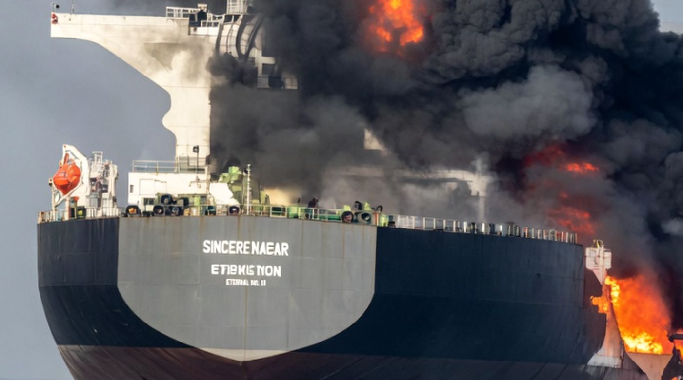 oil tanker Sincerenaear burning with thick black smoke and orange flames rising from deck
