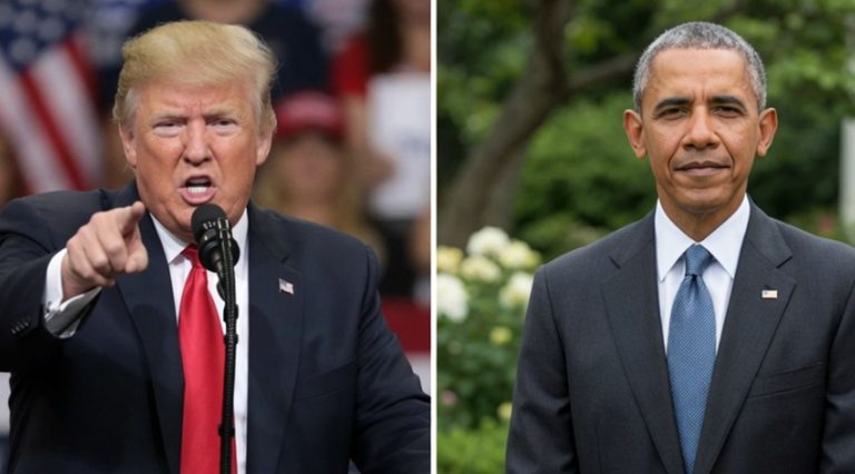 split image showing Donald Trump speaking at rally and Barack Obama in garden setting