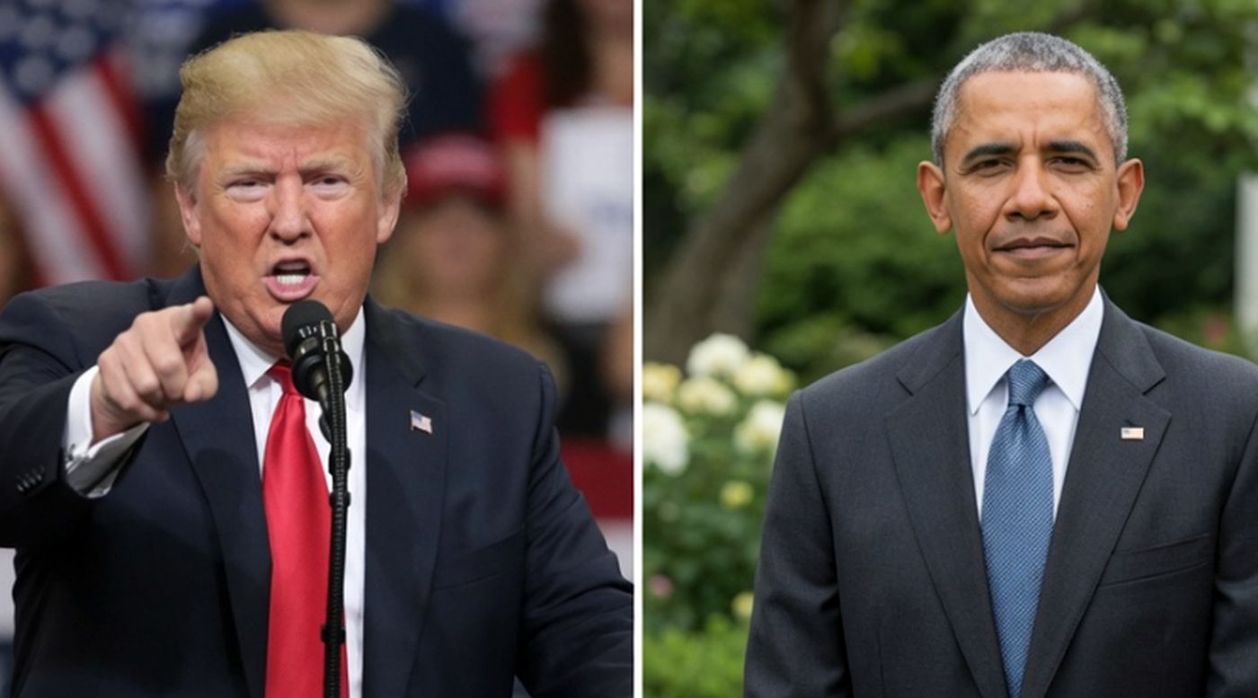 split image showing Donald Trump speaking at rally and Barack Obama in garden setting