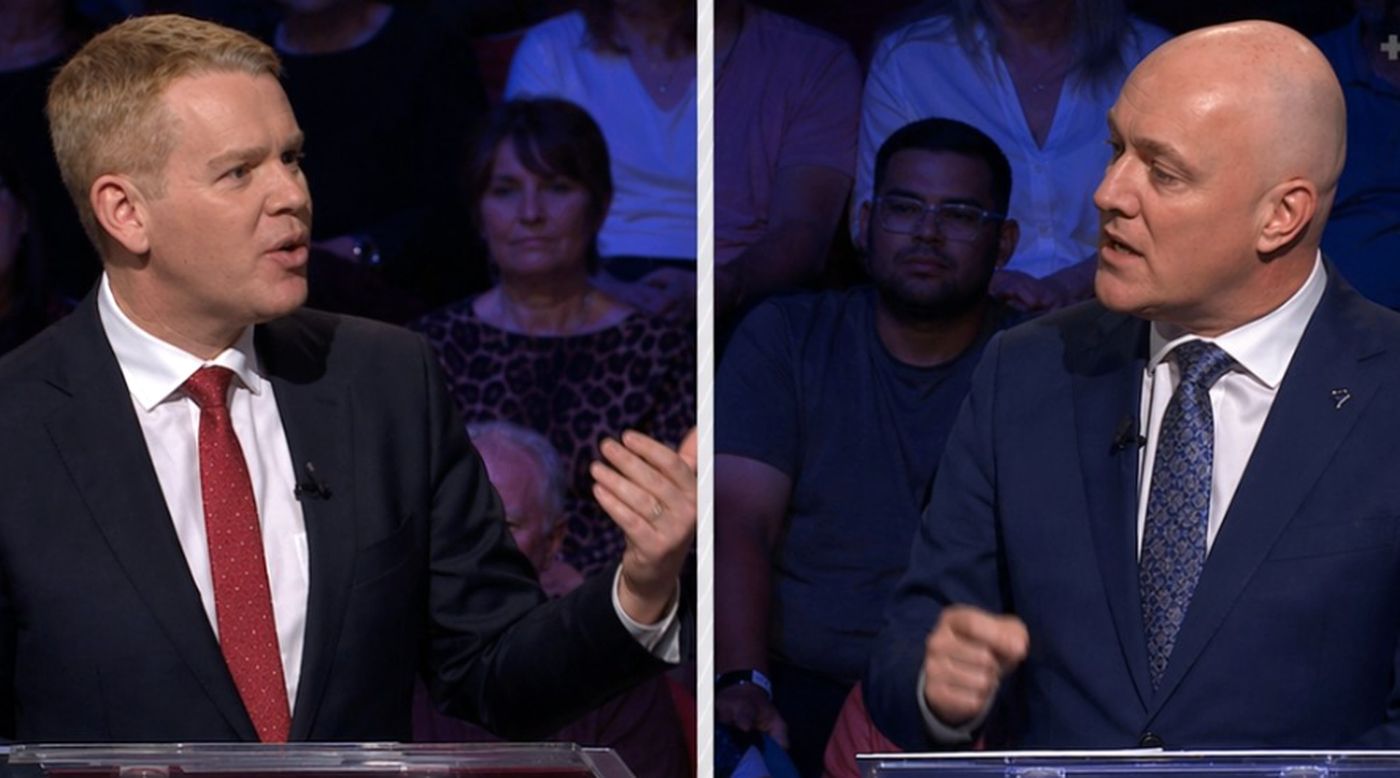 split-screen debate shows Chris Hipkins gesturing while Christopher Luxon makes a point