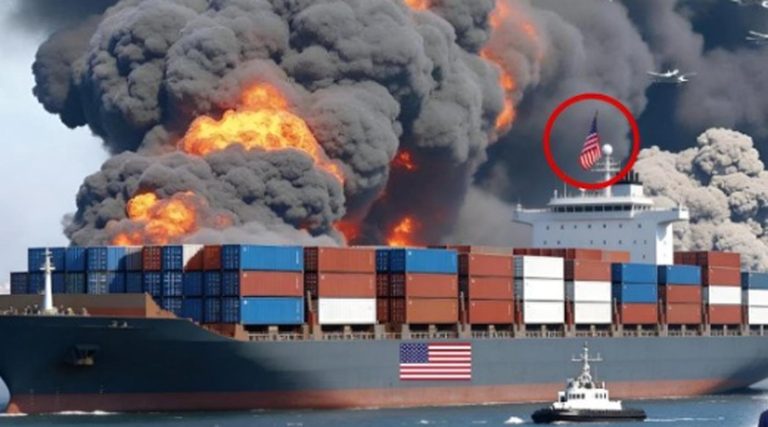 massive container ship engulfed in flames with thick black smoke billowing, American flag