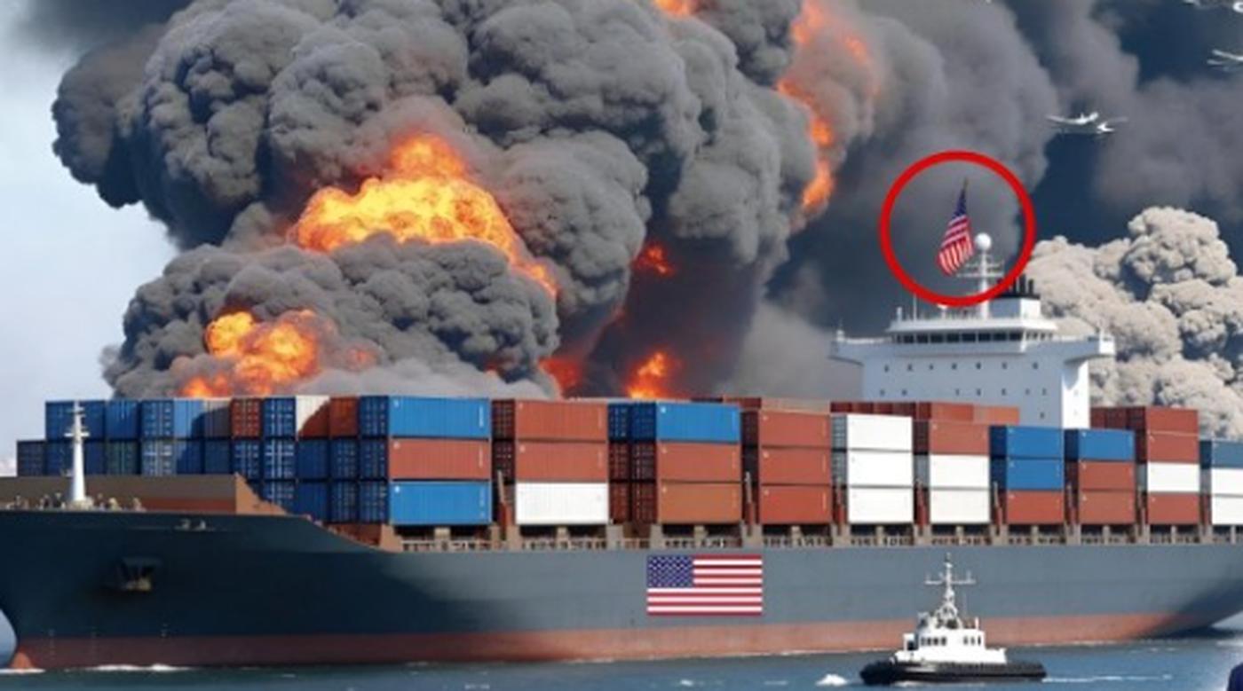 massive container ship engulfed in flames with thick black smoke billowing, American flag