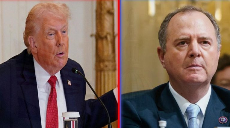 donald Trump speaks at microphone beside Congressman Adam Schiff in split-screen