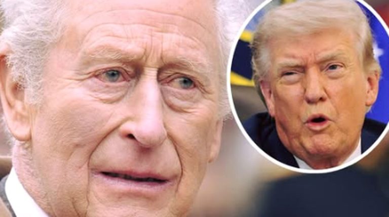 close-up portrait of King Charles III with inset circular image of Donald Trump speaking