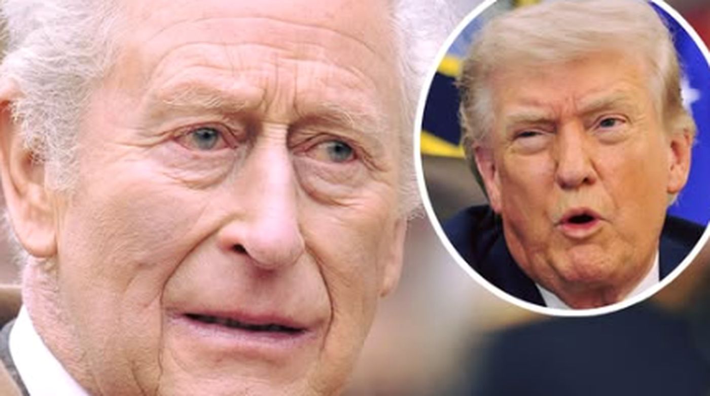 close-up portrait of King Charles III with inset circular image of Donald Trump speaking