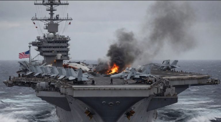 US Navy aircraft carrier flight deck with fighter jets and visible fire burning amid