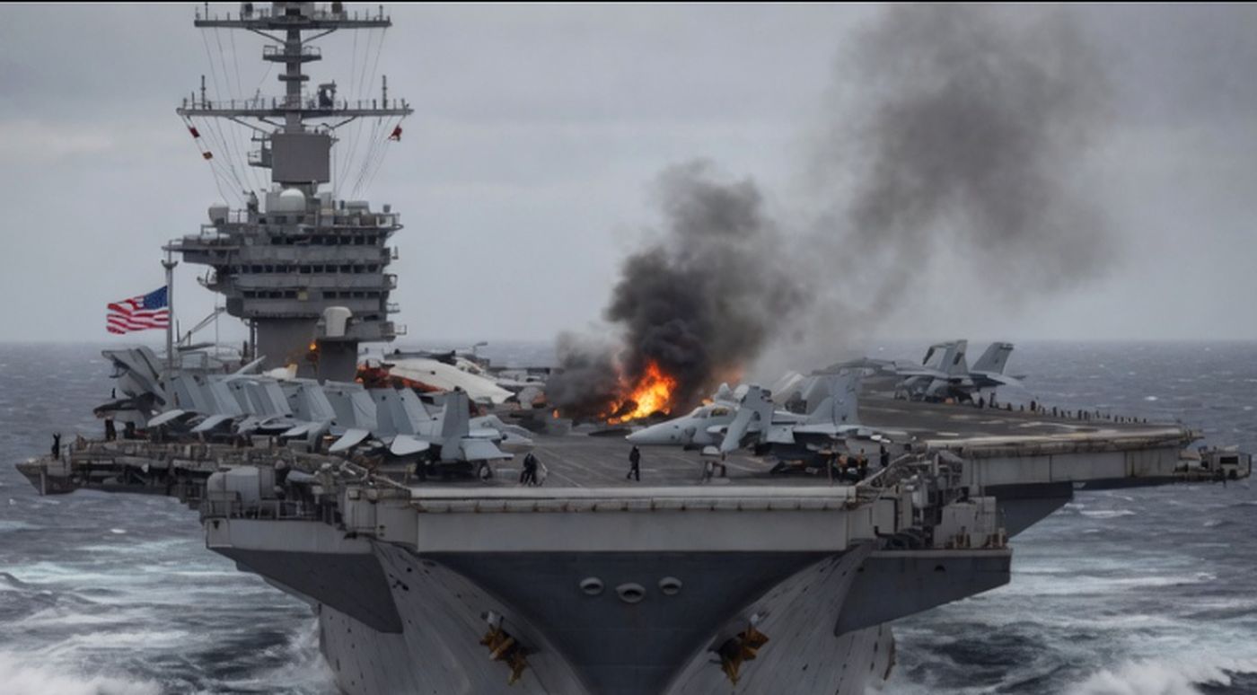 US Navy aircraft carrier flight deck with fighter jets and visible fire burning amid