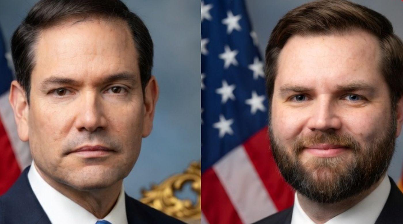 official portraits of Marco Rubio and JD Vance displayed side by side with American flags
