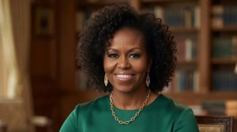 michelle Obama smiling in emerald green dress with gold jewelry against warm wood library
