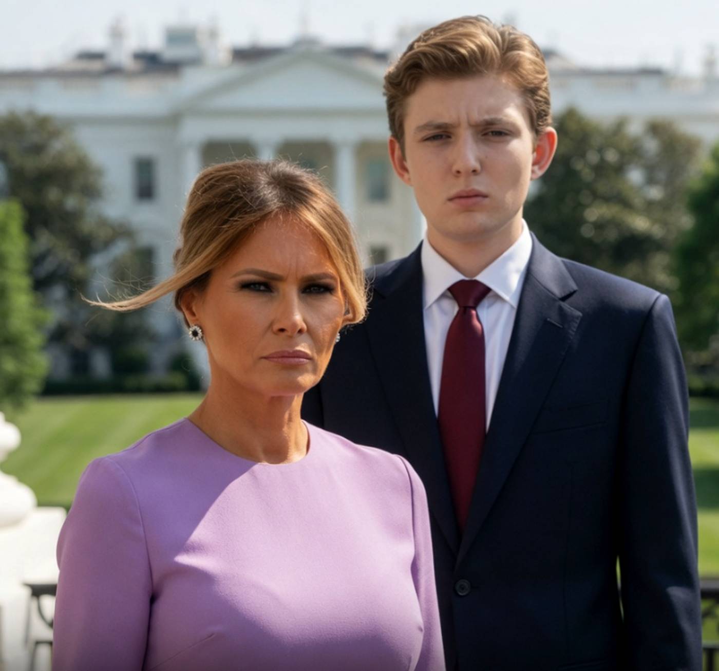 melania Trump in lavender dress and Barron Trump in navy suit with red tie standing