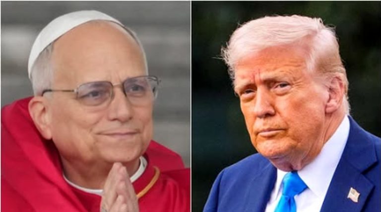 pope Francis in red vestments with hands clasped in prayer beside Donald Trump in blue