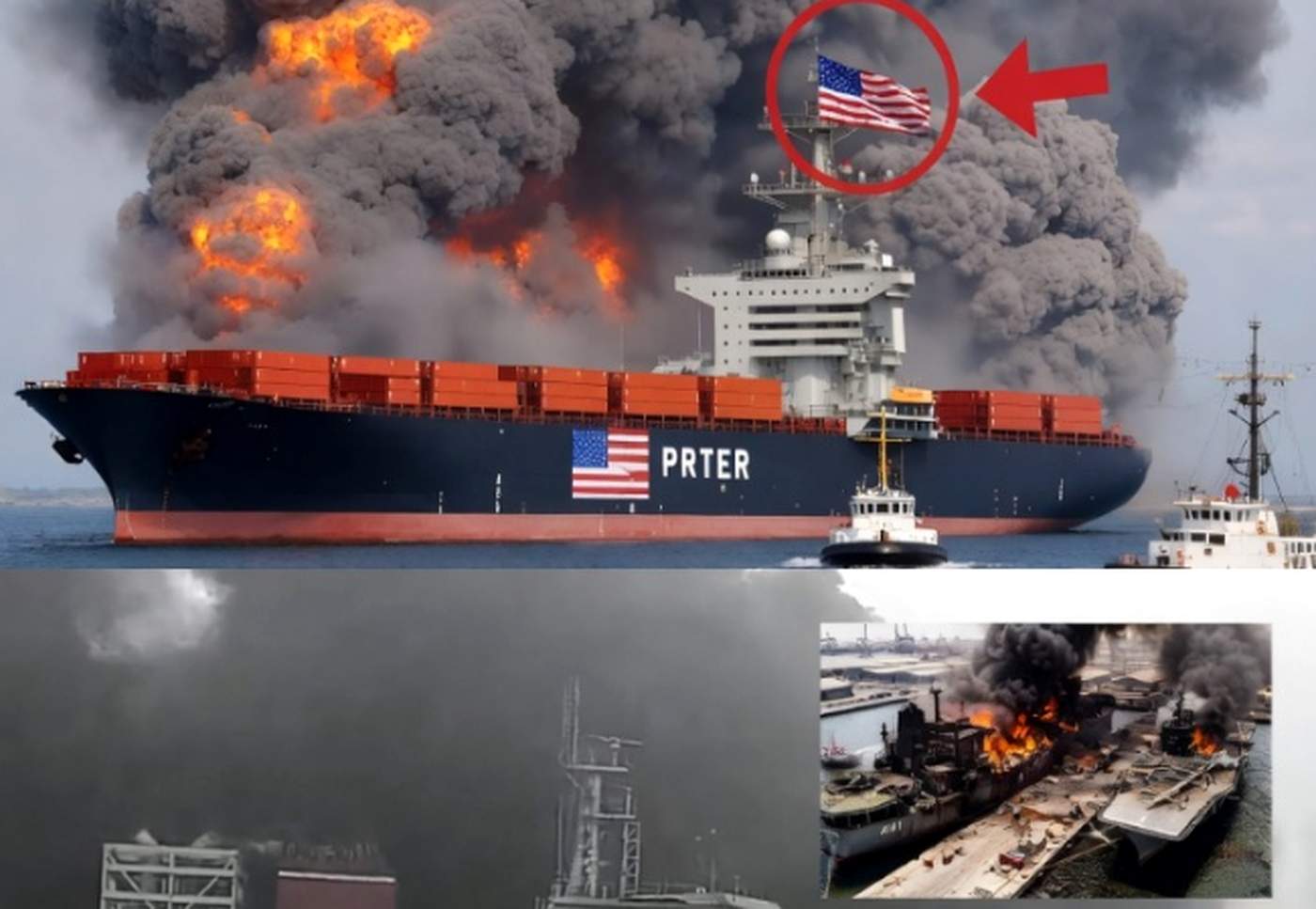 massive cargo ship engulfed in flames with smoke billowing