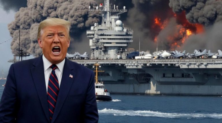 donald Trump shouting in foreground with burning aircraft carrier USS Theodore Roosevelt