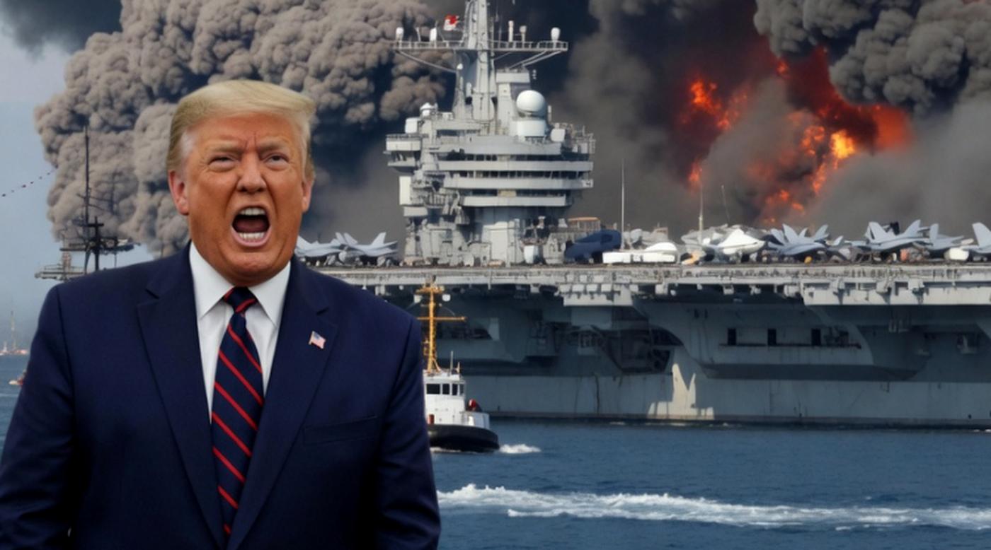 donald Trump shouting in foreground with burning aircraft carrier USS Theodore Roosevelt