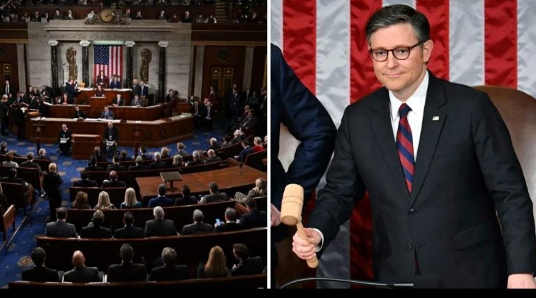 speaker Mike Johnson holds gavel beside House chamber vote tally 218-213 with headline