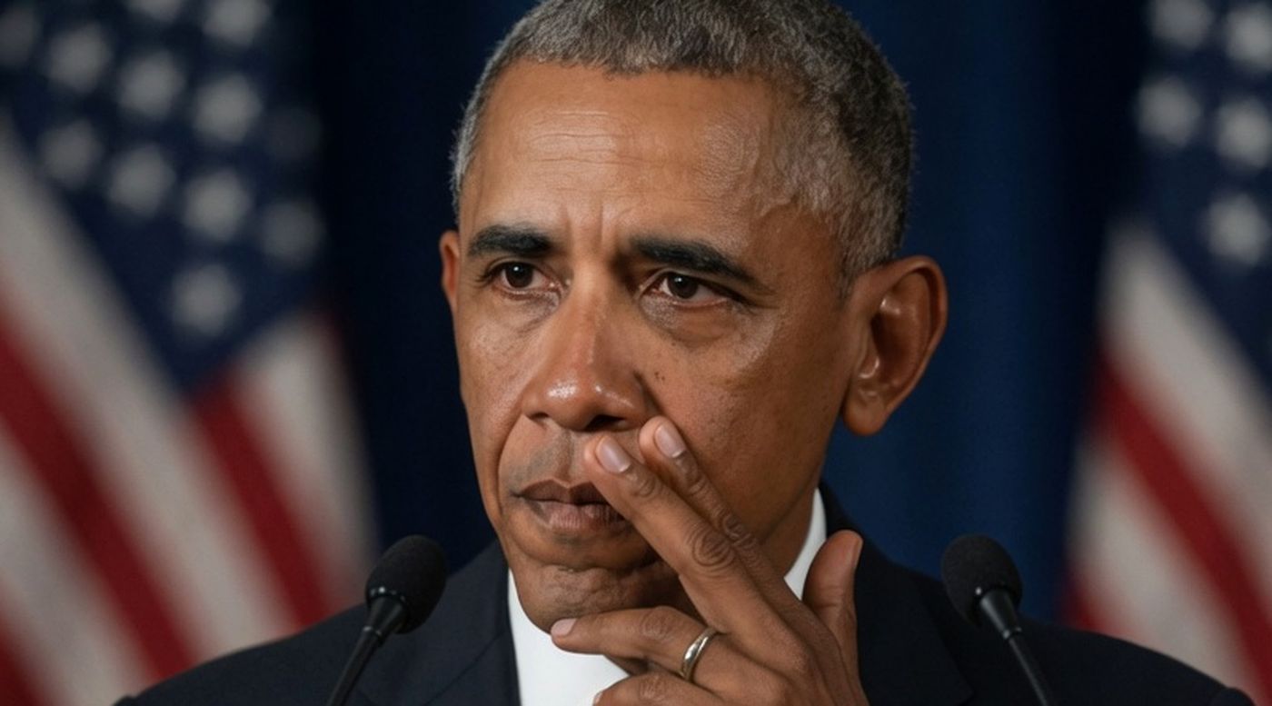 former President Barack Obama speaks at a podium with American flags behind him, his hand