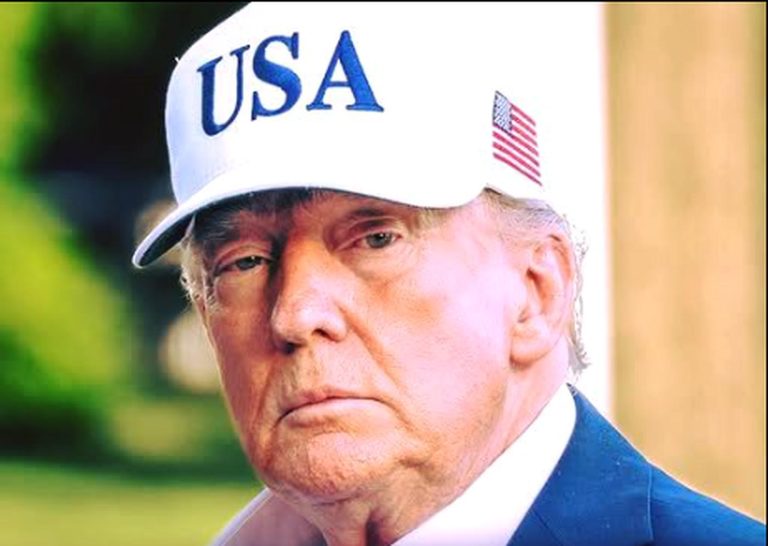 donald Trump wearing a USA hat, serious expression outdoors