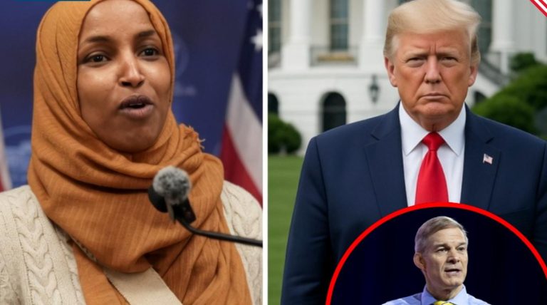ilhan Omar speaking at a press conference beside Donald Trump