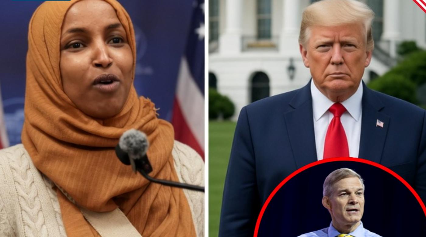 ilhan Omar speaking at a press conference beside Donald Trump