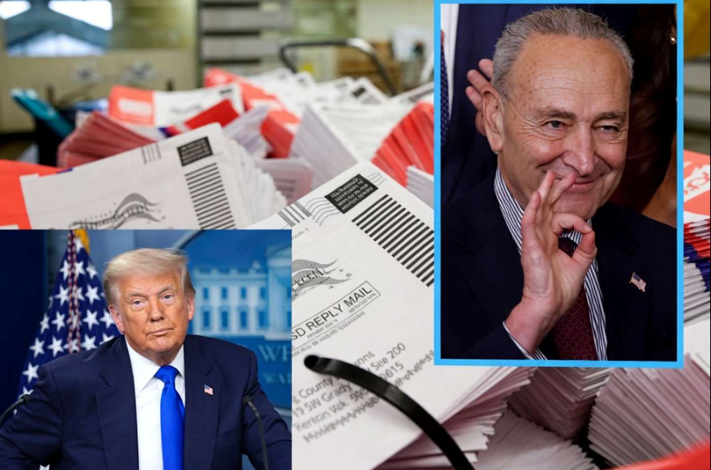 trump and Schumer amidst piles of mail-in ballots during election season