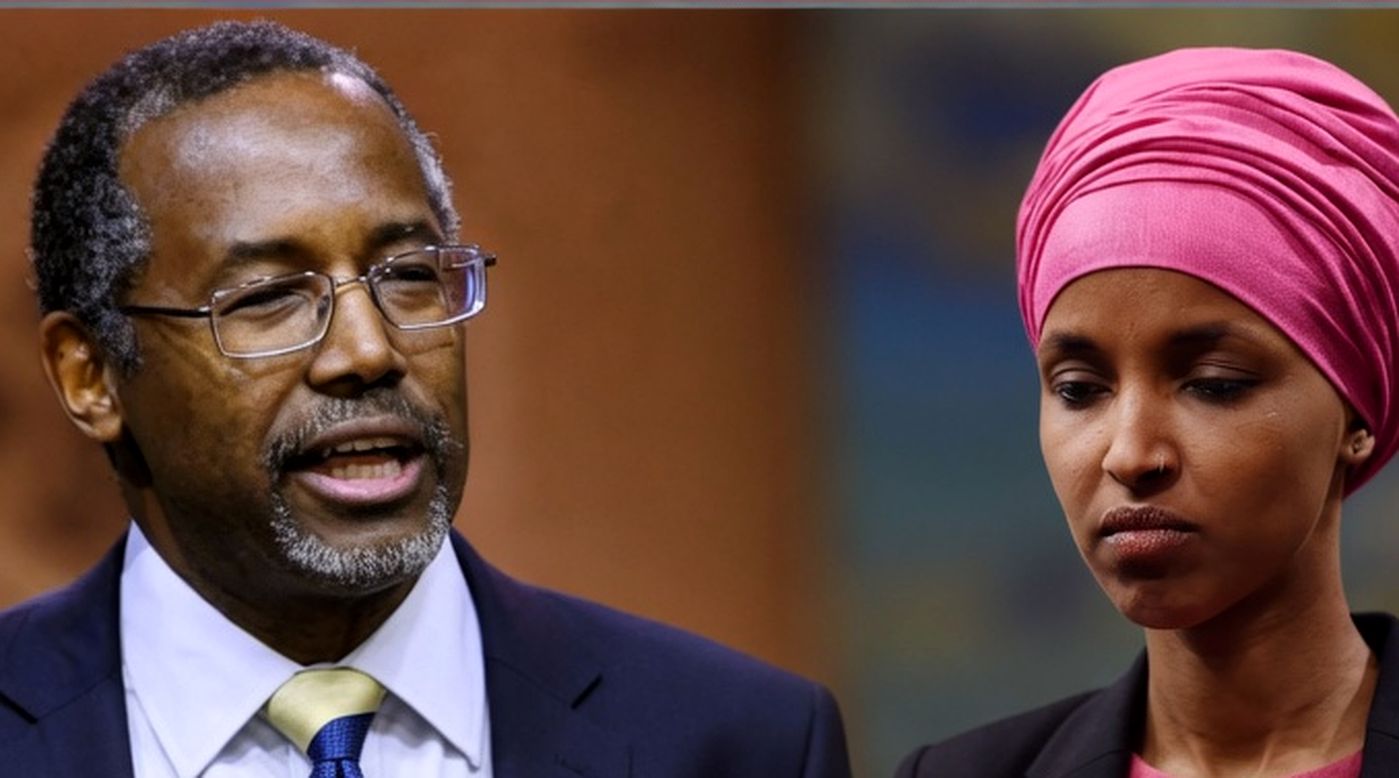 ben Carson speaking while Ilhan Omar listens with eyes closed during congressional hearing