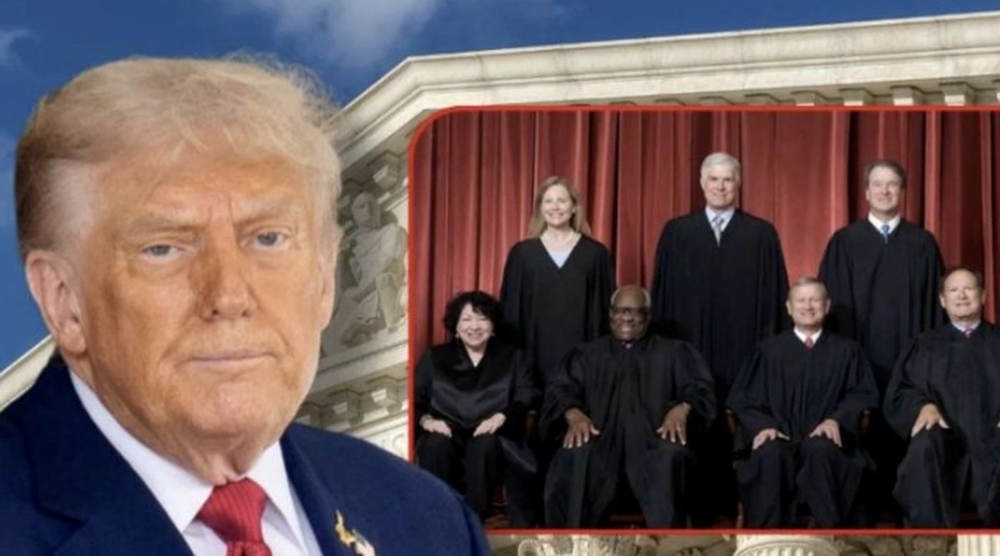 donald Trump with U.S. Supreme Court justices in the background
