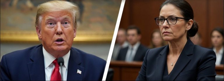 donald Trump speaking at microphone alongside judge in courtroom setting during legal