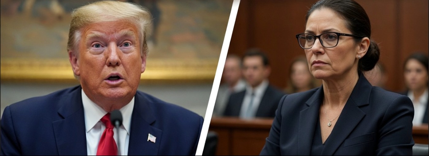 donald Trump speaking at microphone alongside judge in courtroom setting during legal