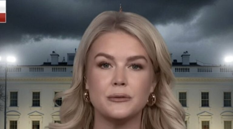woman speaking with the White House in the background under stormy skies