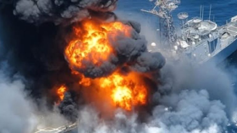 massive explosion on naval ship with smoke billowing into the sky