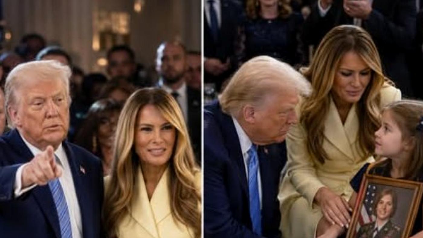 Donald Trump and Melania with girl holding military portrait