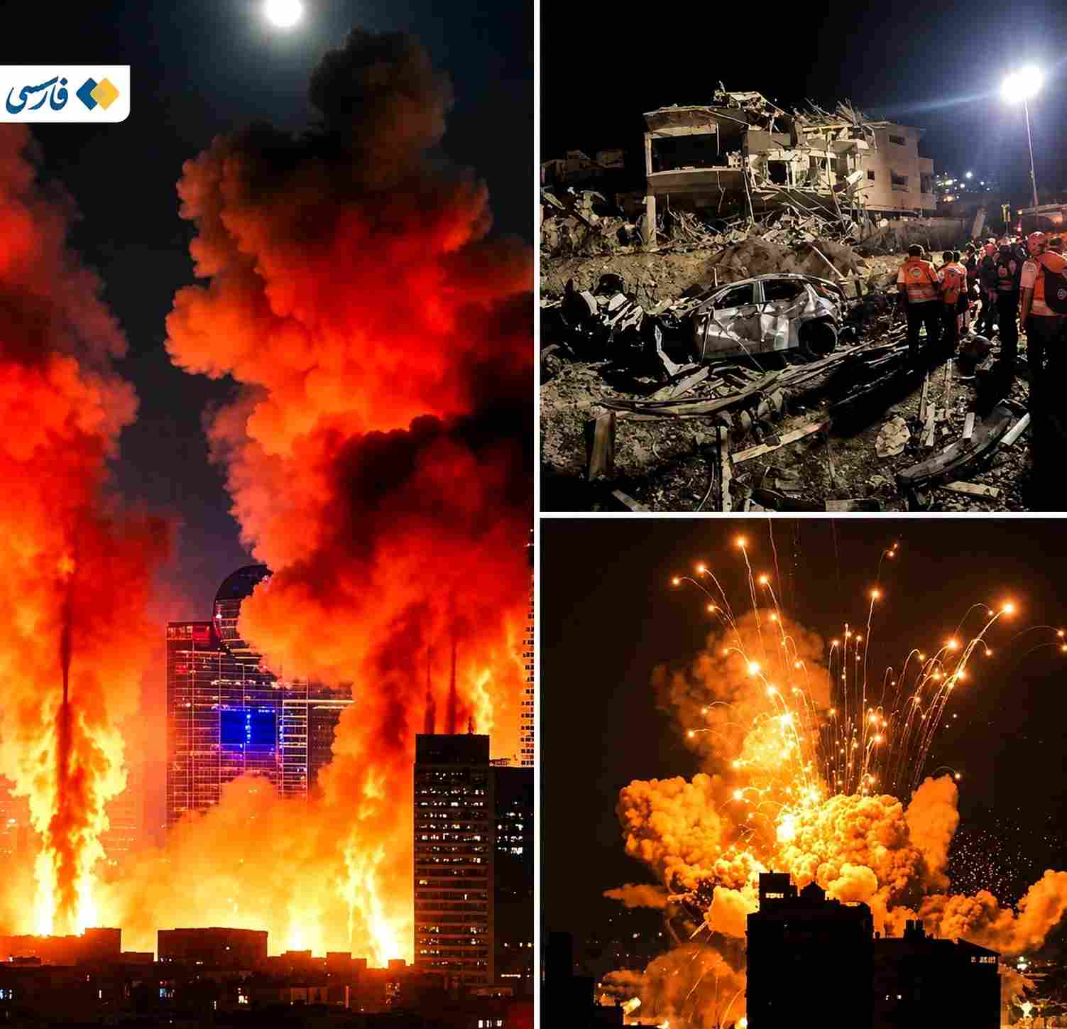 Dramatic night destruction and fires in city conflict