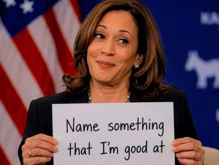 Kamala Harris holding “Name something I’m good at” sign