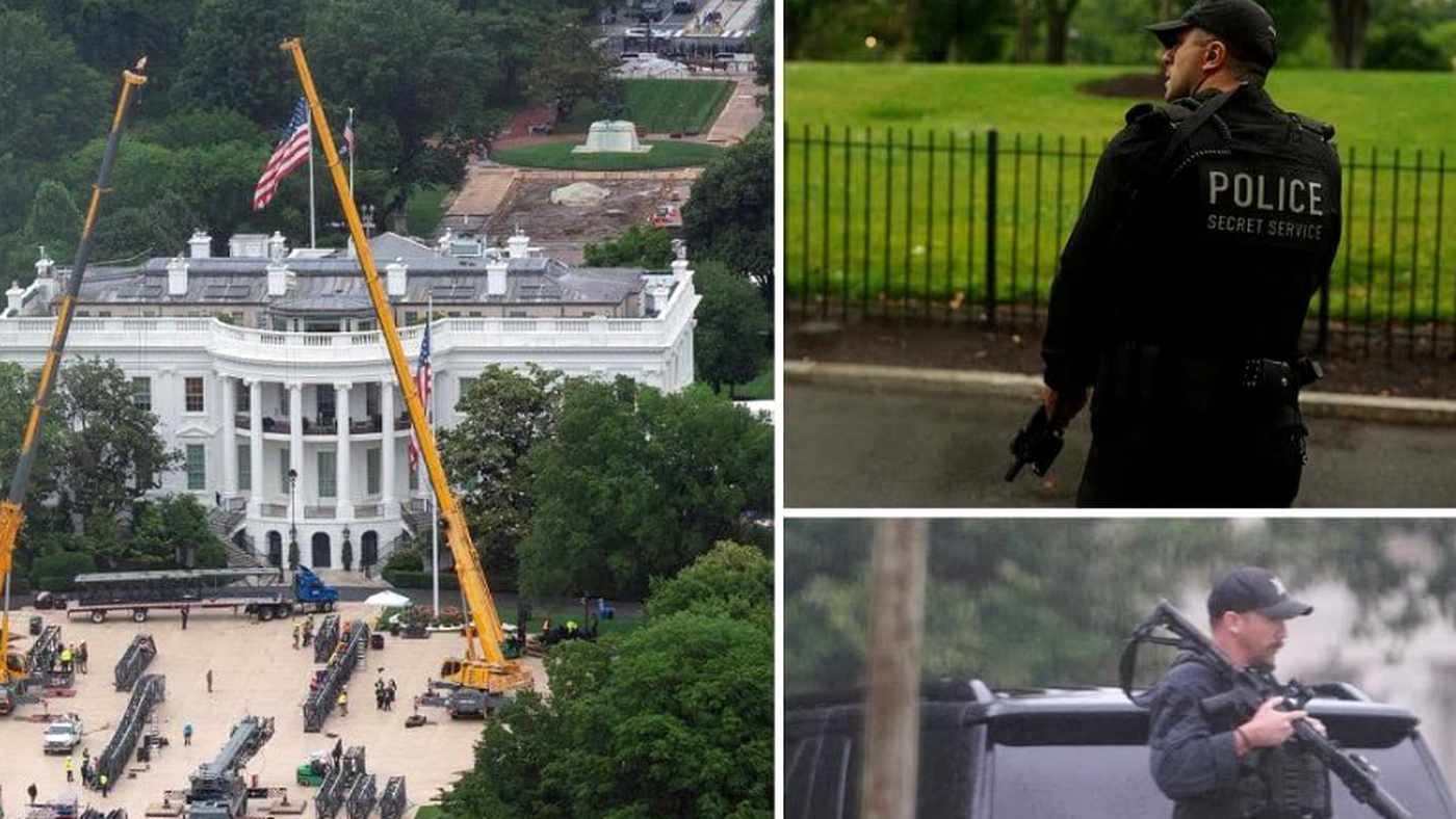 White House security with Secret Service and cranes