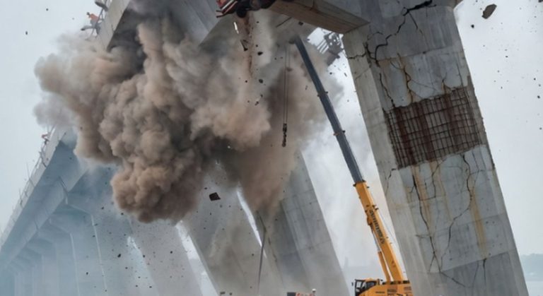 Bridge collapse during construction workers fleeing