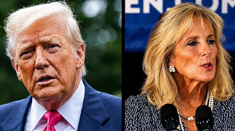 Portraits of Donald Trump and Jill Biden side-by-side.
