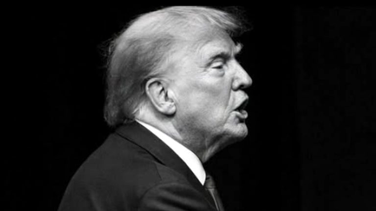 Donald Trump pointing intensely in black and white