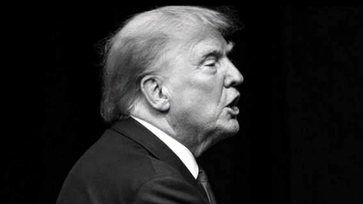 Donald Trump pointing intensely in black and white