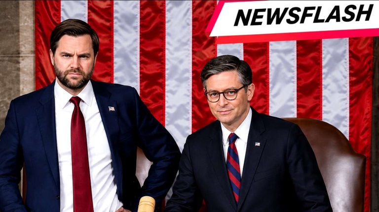 JD Vance and Mike Johnson with a newsflash graphic.