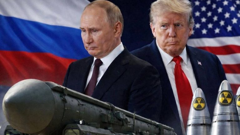 putin and Trump against flags with nuclear missiles in foreground