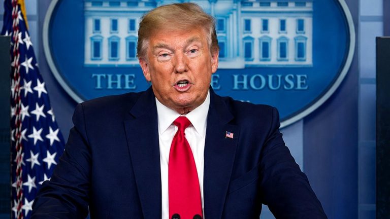 Donald Trump speaking at White House briefing room.
