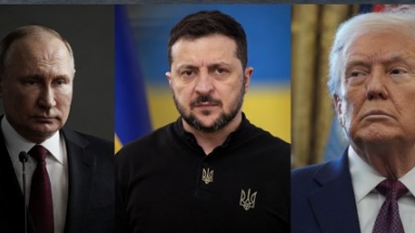 Putin, Zelensky, Trump with burning US aircraft carrier