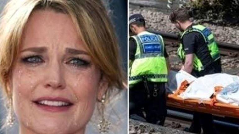 Crying woman collage with police stretcher on tracks