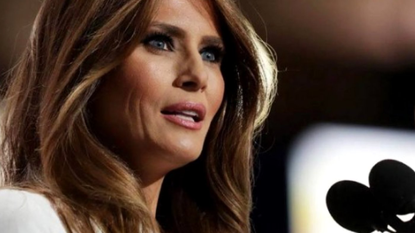 melania Trump speaking passionately at a public event